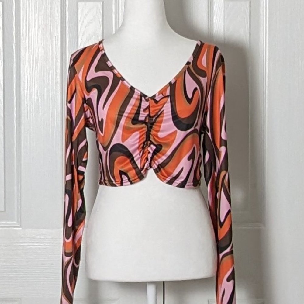 PRETTYLITTLETHING Women's Long Sleeve Crop Top  Size 10  Orange Multi Print